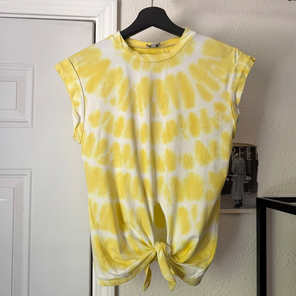 LINI yellow white tie dye cotton tie front sleeveless cropped tank top